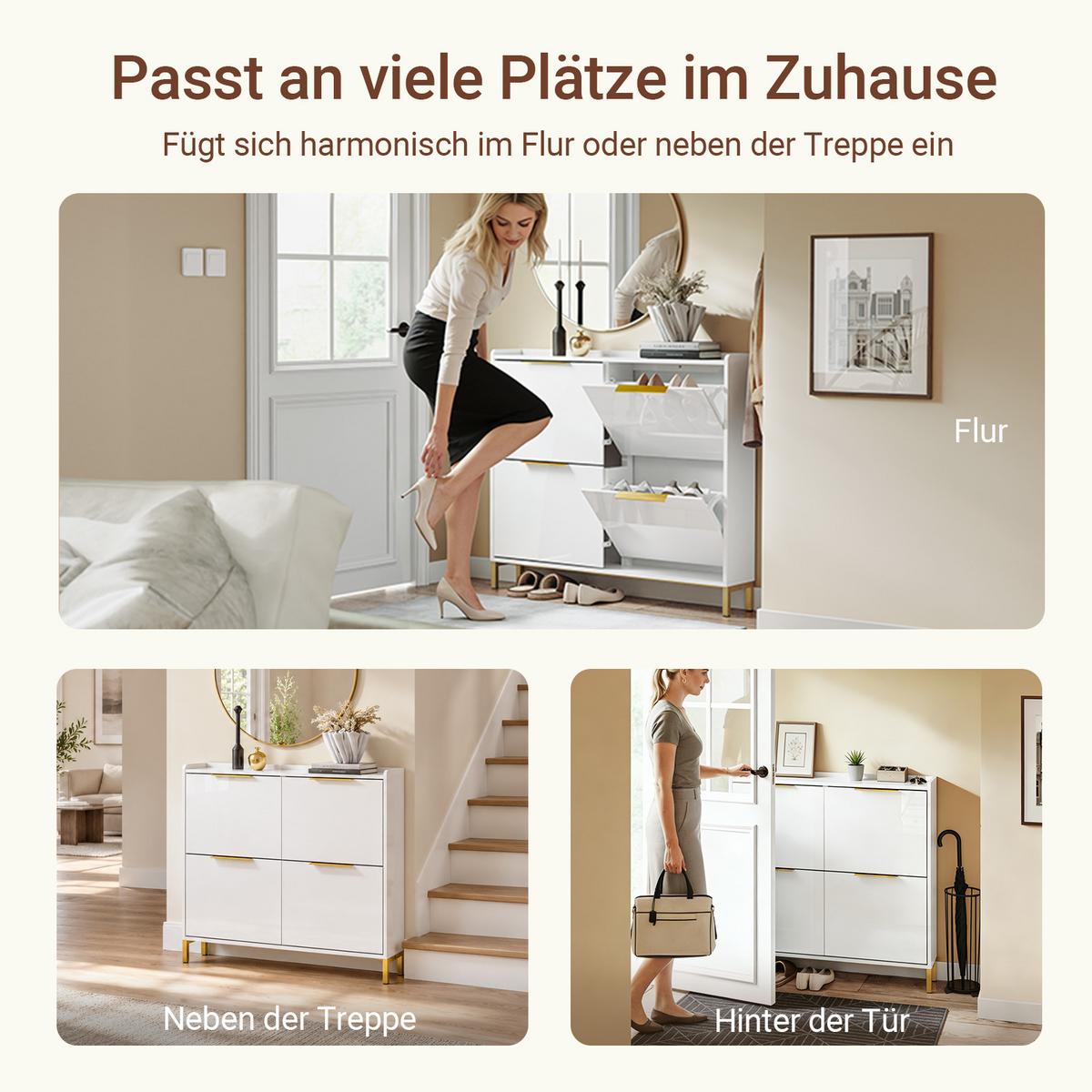SCHUHSCHRANK weiß hochglanz, 100 x 88 x 19 cm, 4 Klappen für ca. 8 Paare bis EU 46, goldene Griffe und Füße - Weiß, Holzwerkstoff (100/90/19cm) - SoBuy