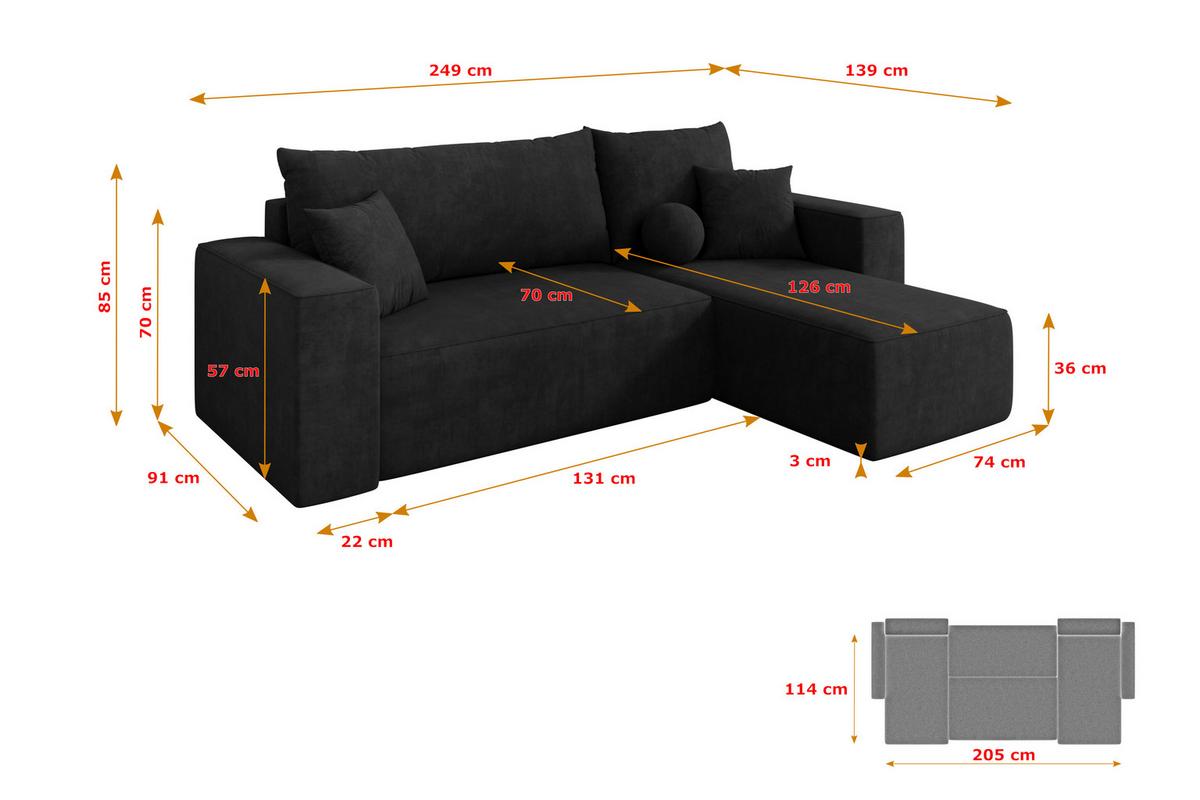 ECKSOFA mit Schlaffunktion Ottomane Rechts SENO-L 249x139x85 Schwarz Velours - Schwarz, Holzwerkstoff/Kunststoff (249/139cm) - ALTDECOR