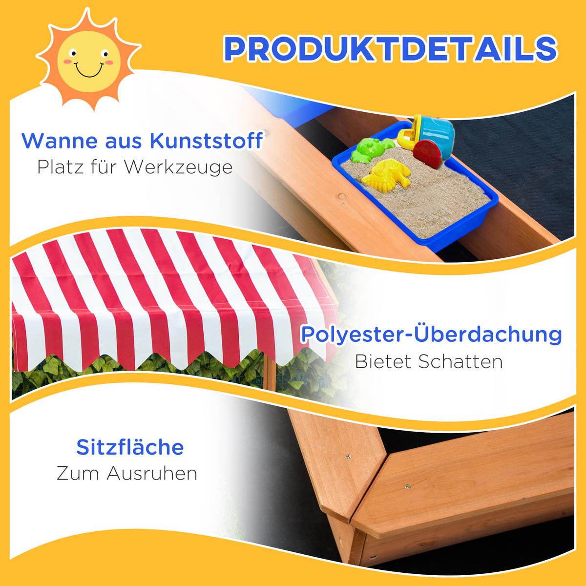 SANDKASTEN Sandkiste mit Dach Holz für Kinder 3-7 Jahre Bodenloses Design Gelb - Gelb, Holz (107.5/107.5/110cm) - Outsunny
