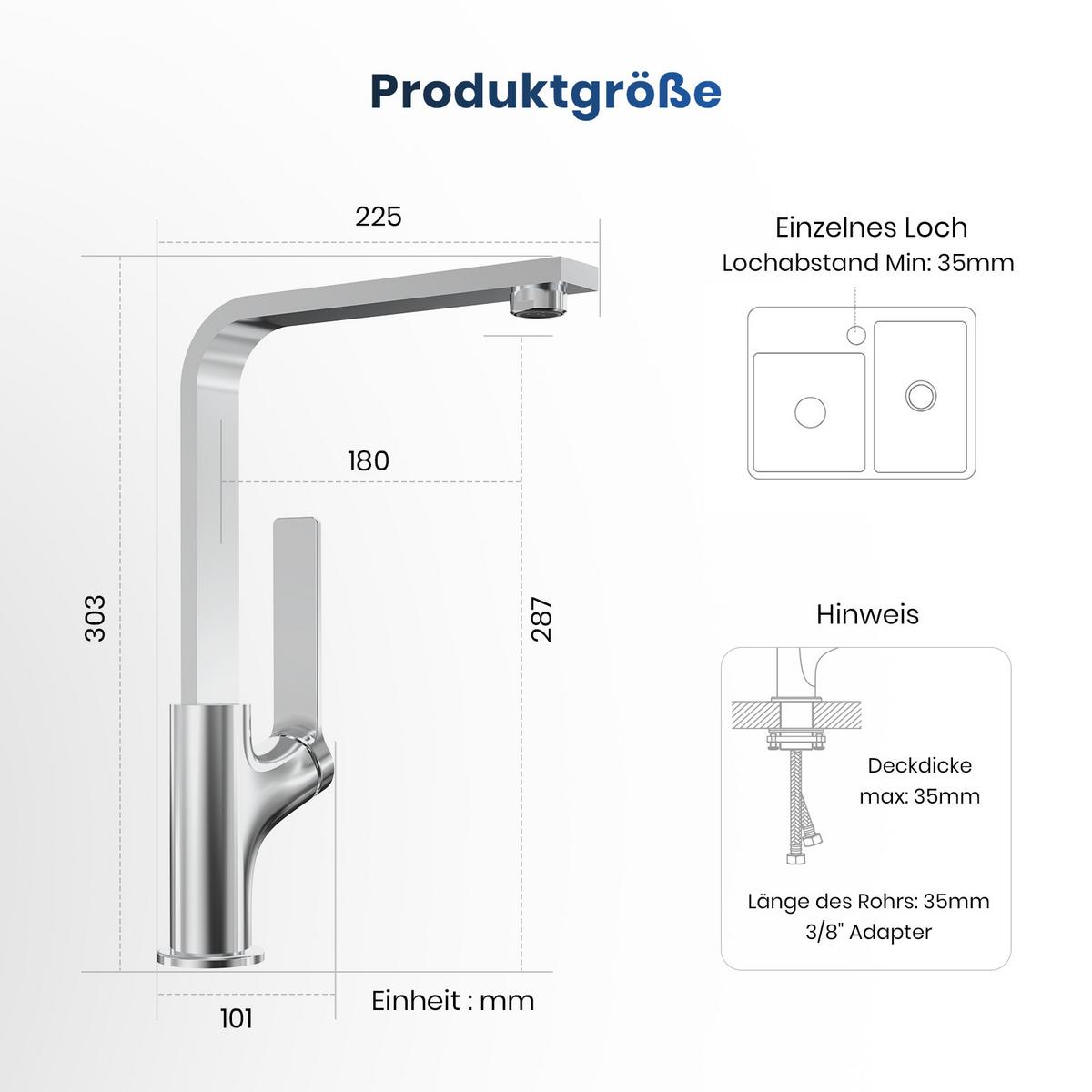 KÜCHENARMATUR mit 360° Drehbar Edelstahl Einhebelmischer Chrom - Chromfarben, Metall (22.5/10.1/30.3cm) - EMKE