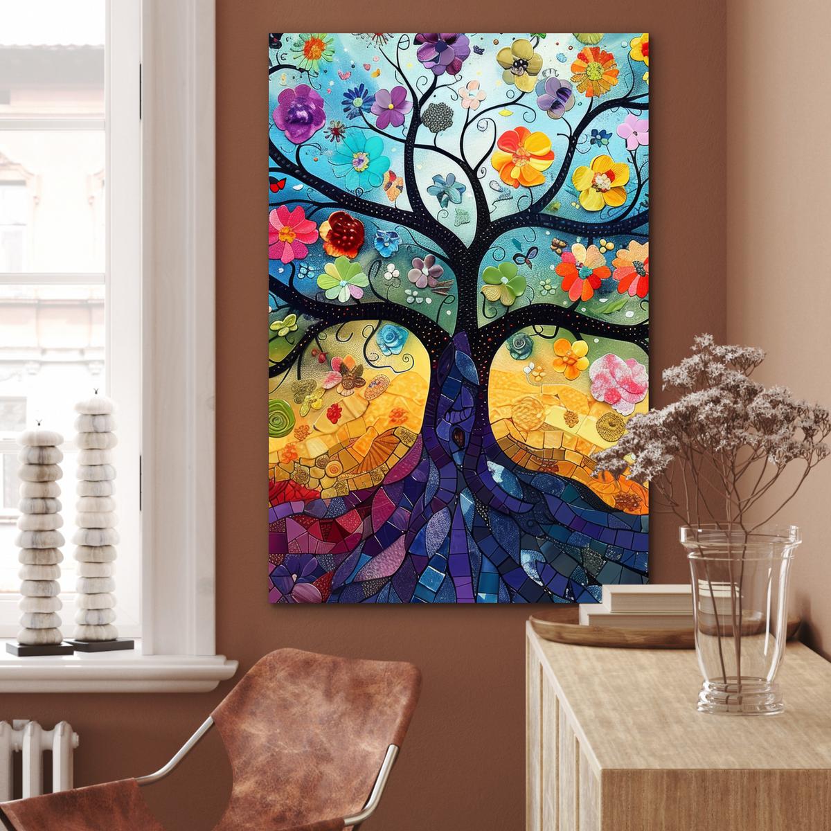 METALLBILD Kunst - Baum des Lebens - Blumen - Hippie 80x120 cm - Dunkelblau, Metall (80/120cm) - MuchoWow