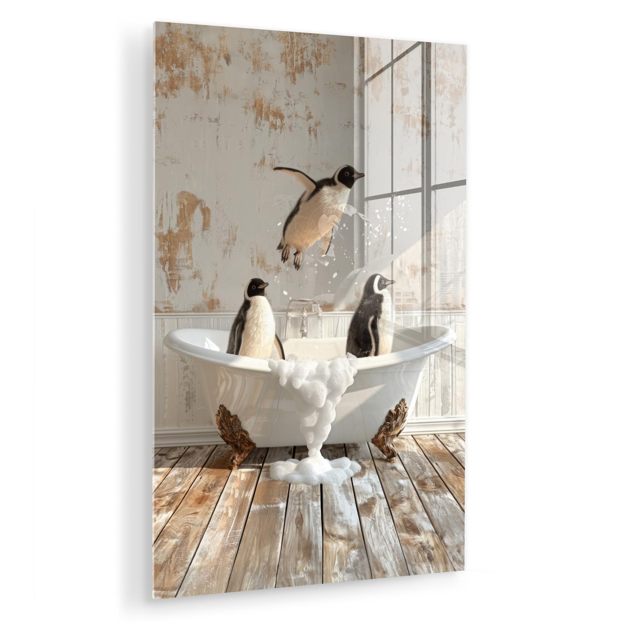 ACRYLGLASBILD Vintage - Pinguin - Badewanne - Schaumstoff Wandbild 60x90 cm - Schwarz, Glas (60/90cm) - MuchoWow