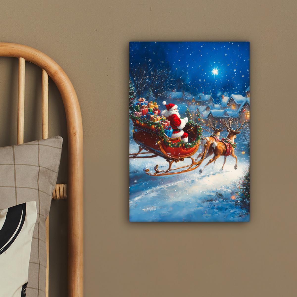 LEINWANDBILD Weihnachtsmann - Rentier - Weihnachten - Schnee Deko Wohnzimmer 20x30 cm - Cognac, Textil (20/30cm) - MuchoWow