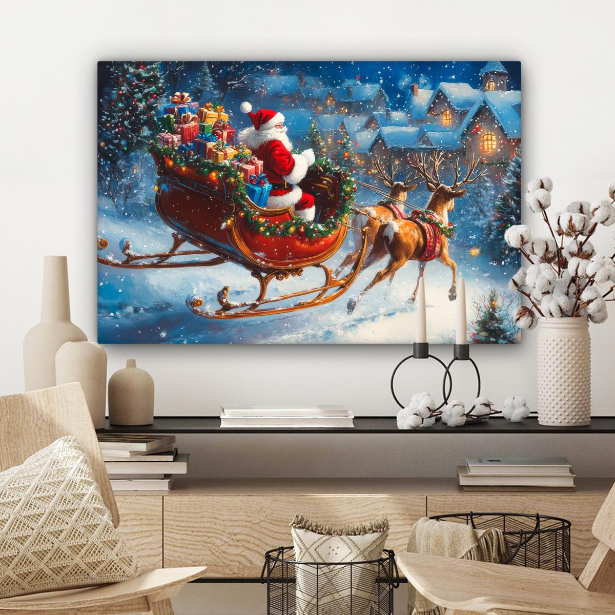 LEINWANDBILD Weihnachtsmann - Rentier - Weihnachten - Schnee Gemälde 60x40 cm - Cognac, Textil (60/40cm) - MuchoWow