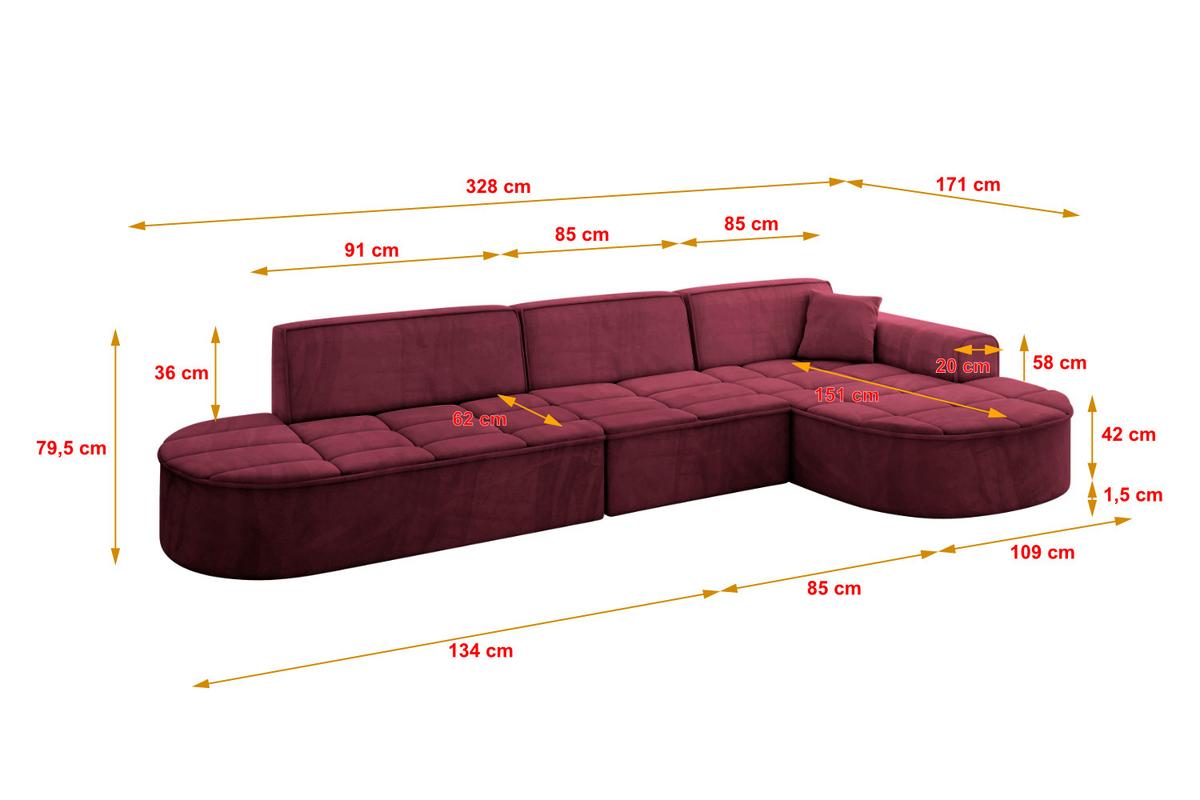ECKSOFA Ottomane Rechts TARO-L2 - 328x171x79,5 cm Bordeauxrot - Bordeaux, Holzwerkstoff/Textil (328/171cm) - ALTDECOR