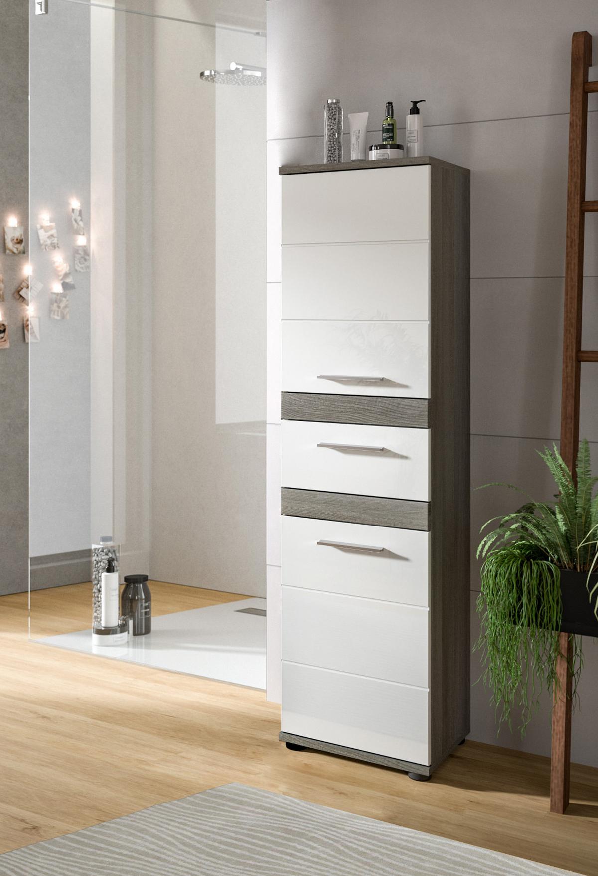 MIDISCHRANK weiß Hochglanz, grau 35 cm, Badschrank mit Schubkasten - Chromfarben/Weiß Hochglanz, Holzwerkstoff/Kunststoff (35/137/31cm) - Inn.Furn