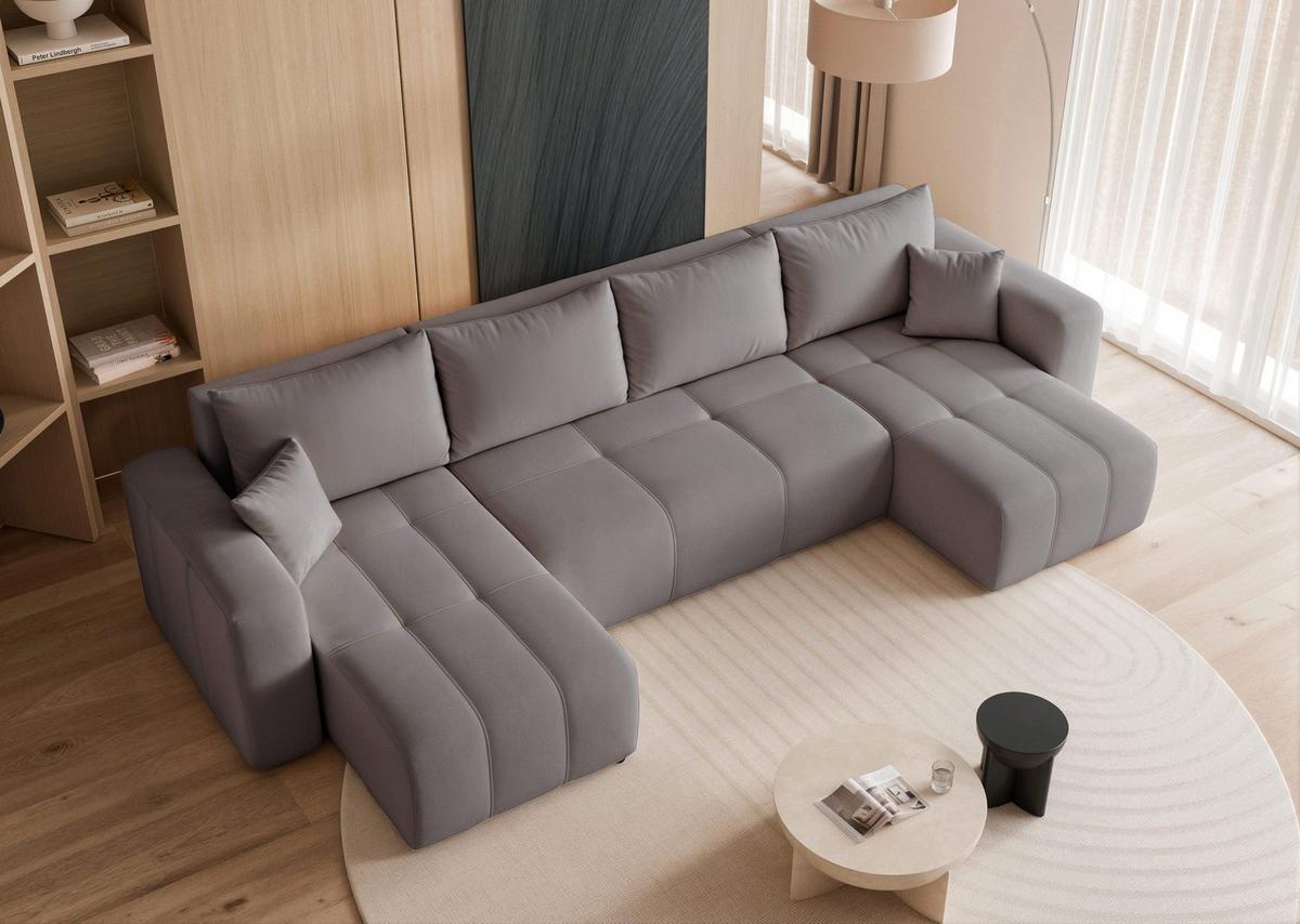 WOHNLANDSCHAFT U-Form Velours mit Bettkasten und Schlaffunktion - Dunkelgrau, Holzwerkstoff/Textil (318/79/145cm) - Idohome