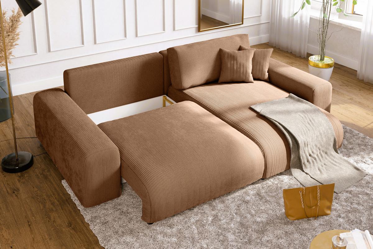 ECKSOFA mit Schlaffunktion, Bettkasten, Wellenunterfederung, seitenverkehrt montierbar B255/T165/H84 cm, Liegefl. 148x196 cm, Cord Hellbraun / 21002 - Hellbraun/Schwarz, Kunststoff/Textil (255/165cm) - luma-home