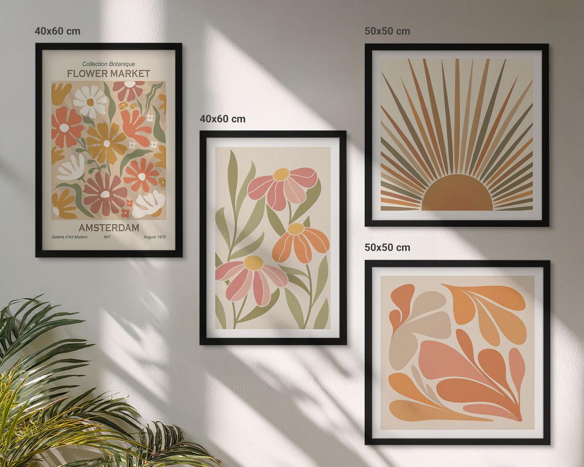 BILDER SET 4er Set - 50x50 cm & 40x60 cm Schwarzer Rahmen - Pastellfarbene Sonnenblumen - Schwarz, Kunststoff (50/50cm) - TULUP