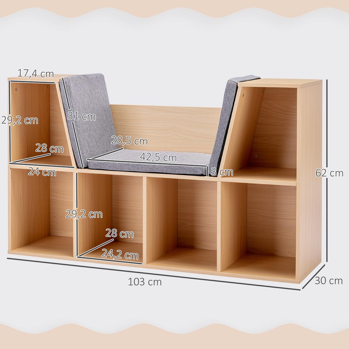 KINDERREGAL 2-in-1 Eckregal mit 6 Fächern Kindersitzbank mit Kissen Grau - Hellbraun/Naturfarben, Holzwerkstoff/Textil (30/62/103cm) - HOMCOM