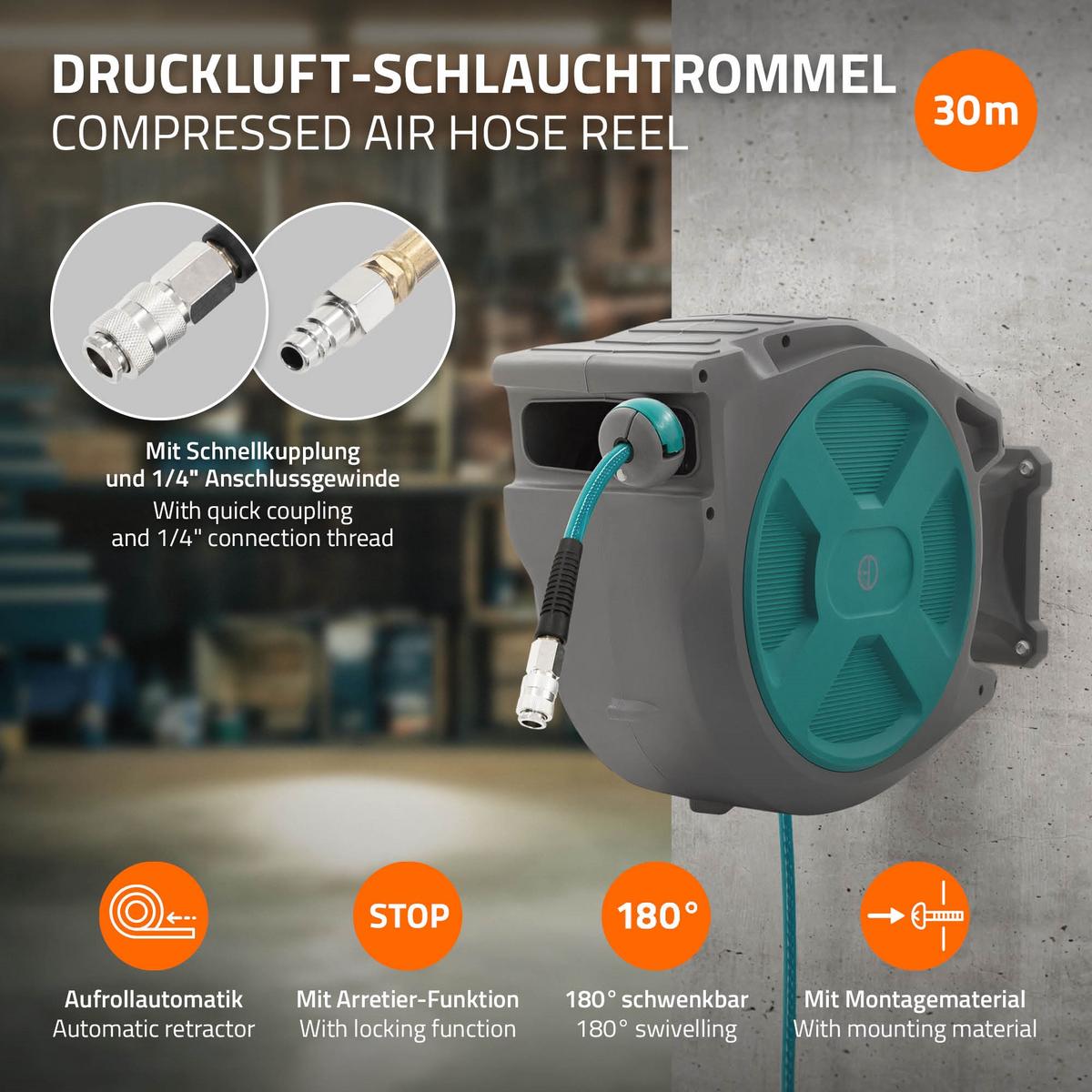 DRUCKLUFTSCHLAUCHTROMMEL 30m+2m - Grau, Kunststoff (20/40/55cm) - ECD-Germany