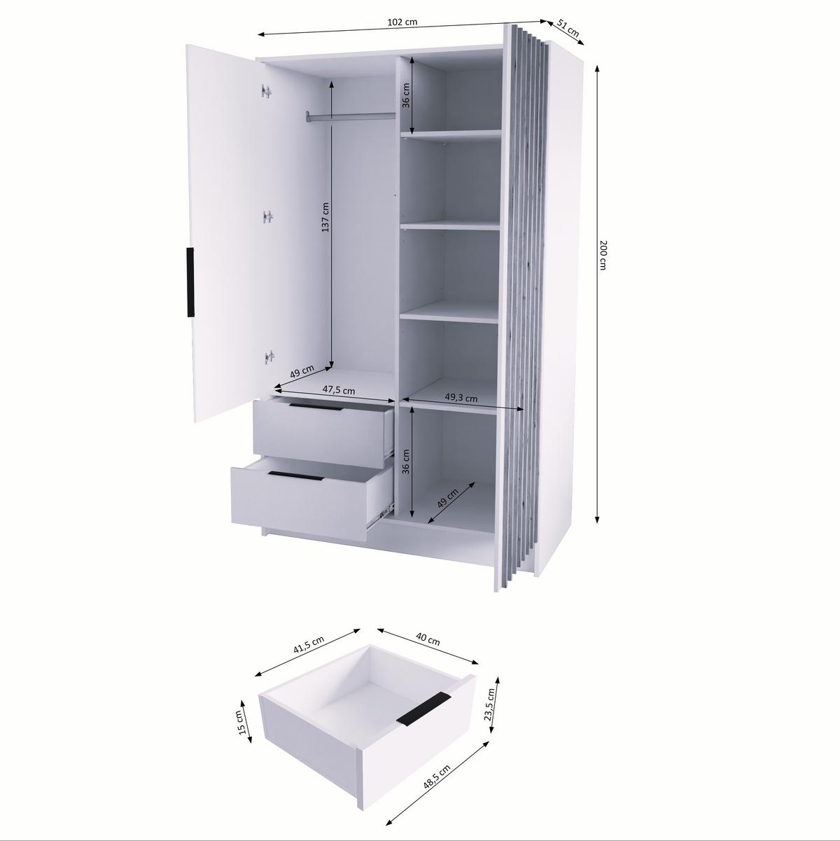 DREHTÜRENSCHRANK PELOR 102/200/51 cm Modern Kleiderschrank 2-türig mit Spiegel Schwarz - Schwarz/Weiß, Holzwerkstoff (102/200/51cm) - MASSENO