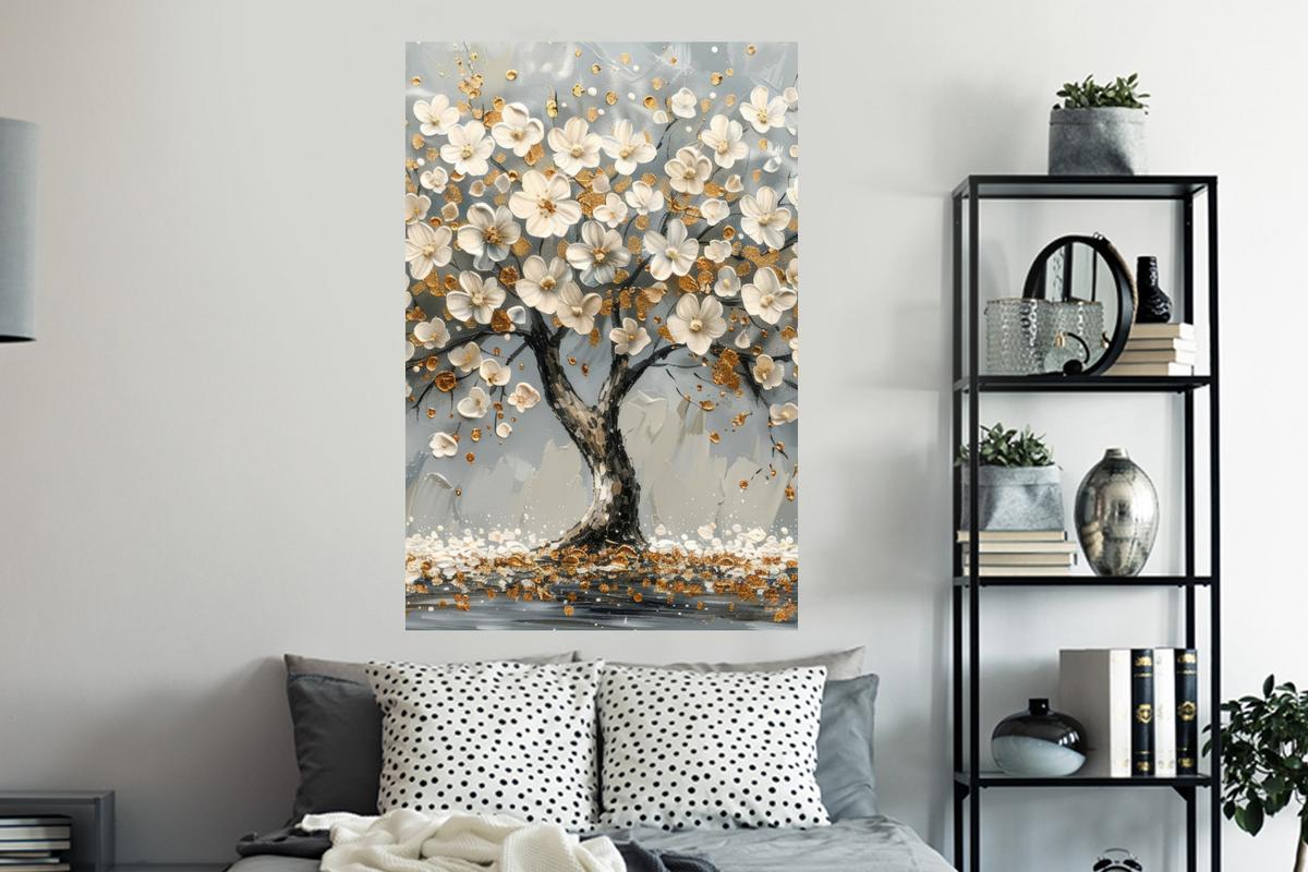 WANDTATTOO Baum - Blumen - Weiß - Natur - Kunst Wandaufkleber 80x120 cm - Weiß, Kunststoff (80/120/0.1cm) - MuchoWow