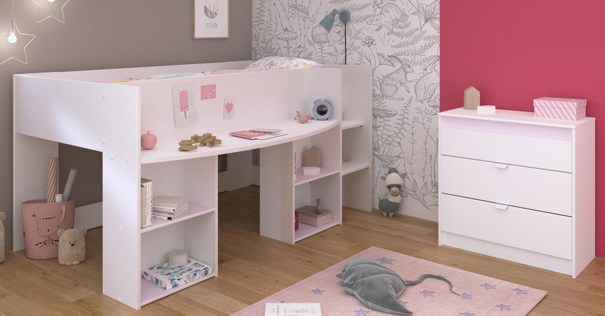 KINDERZIMMER Set 2-tlg. mit Hochbett 90 x 200 cm und Kommode - Weiß/Rosa, Holzwerkstoff/Kunststoff (205/104/132cm) - Parisot Meuble