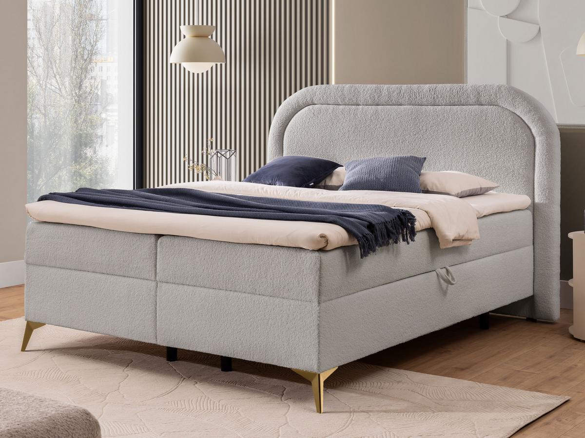 BOXBETT Sonna 180/200 cm Hellgrau Bouclé-Stoff mit abgerundetem Kopfteil und mit goldenen Metallfüßen - Goldfarben/Hellgrau, Holz/Textil (180/200cm) - S-Style Möbel