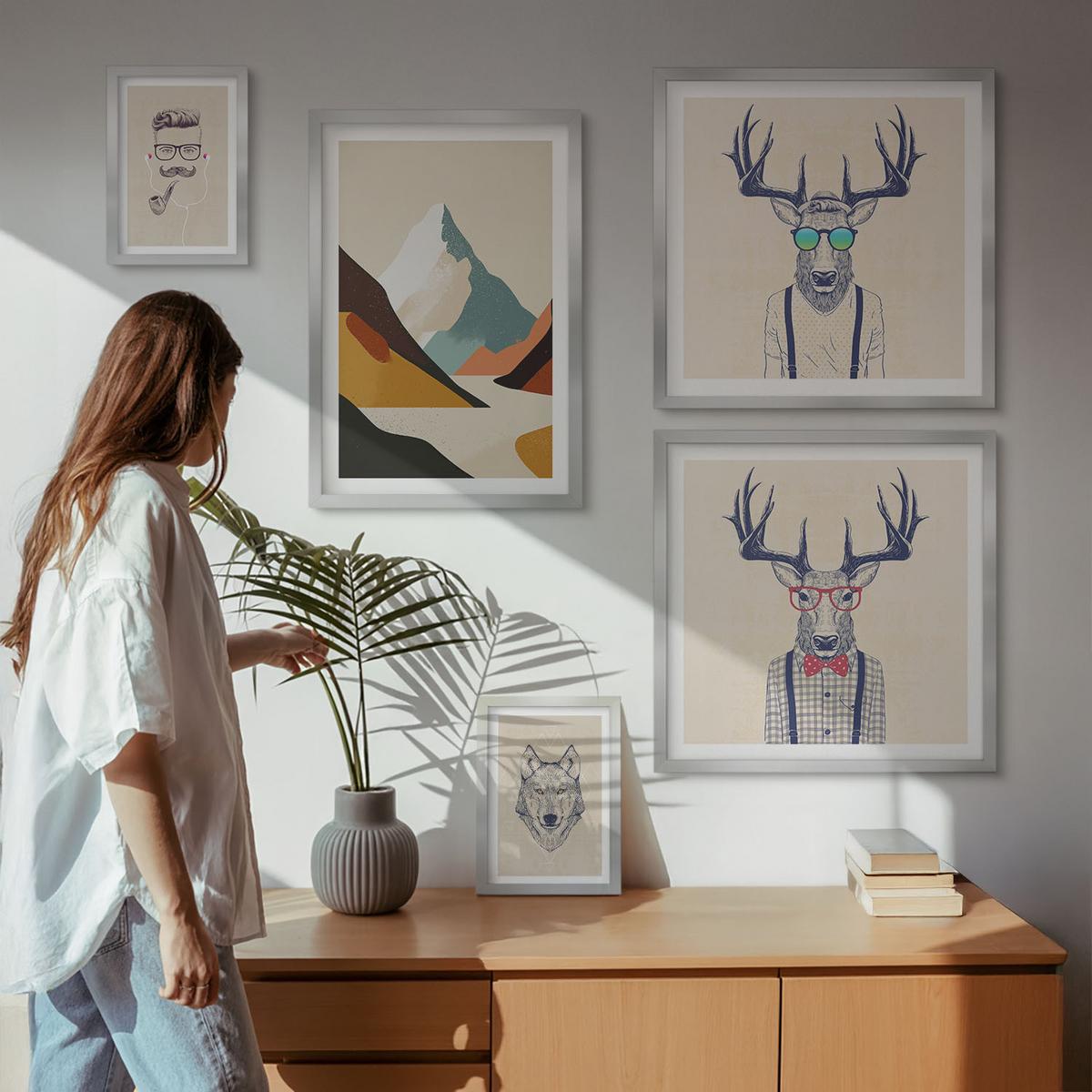 BILDER SET 5er Set - 50x50 cm & 20x30 cm & 40x60 cm Silberner Rahmen - Strand, Leuchtturm, Berge, Wiesen, Blumen - Silberfarben, Kunststoff (40/60cm) - TULUP
