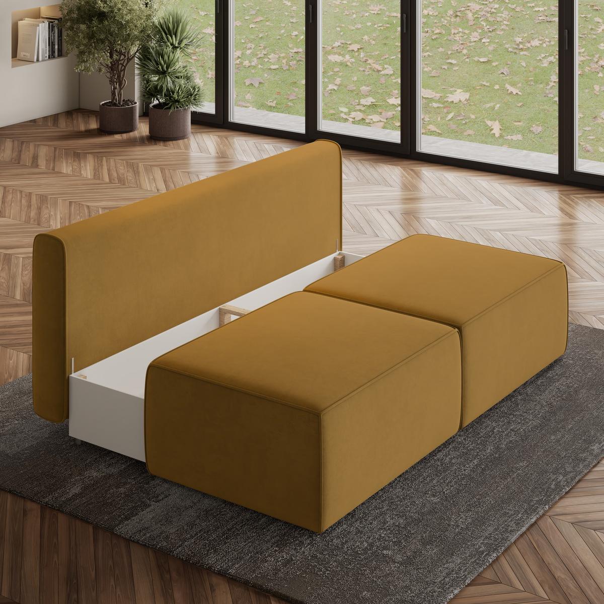ECKSOFA VARNA M Gelb Velours-Stoff mit Schlaffunktion - Gelb/Grau, Holz/Kunststoff (196/158cm) - MASSENO