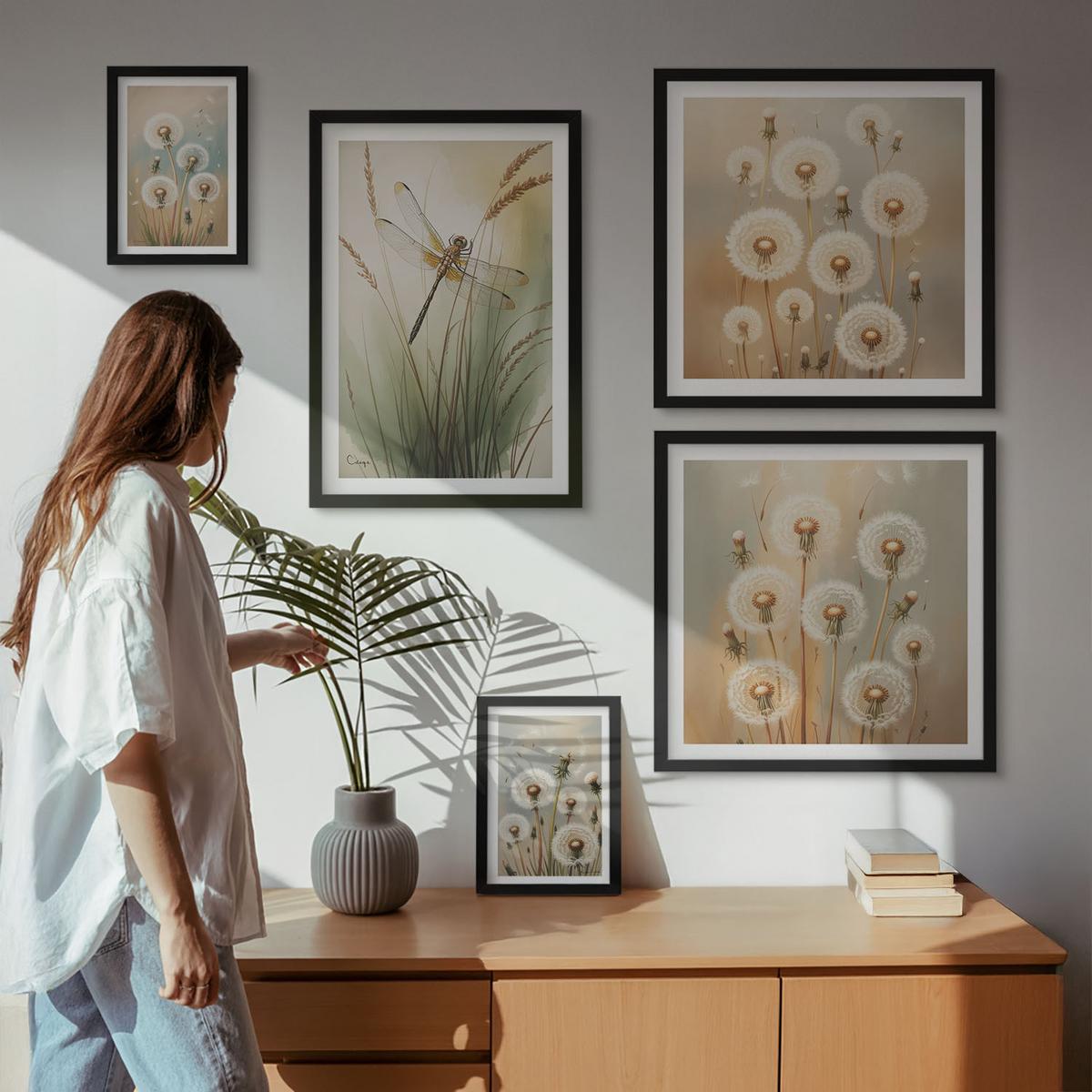 BILDER SET 5er Set - 50x50 cm & 20x30 cm & 40x60 cm Schwarzer Rahmen - Weiße Löwenzahnblüten auf hellem Hintergrund - Schwarz, Kunststoff (40/60cm) - TULUP