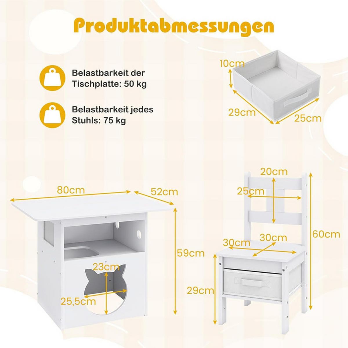 KINDERTISCH mit stuhl weiß(3-tlg) - Weiß, Holzwerkstoff (80/59/52cm) - COSTWAY