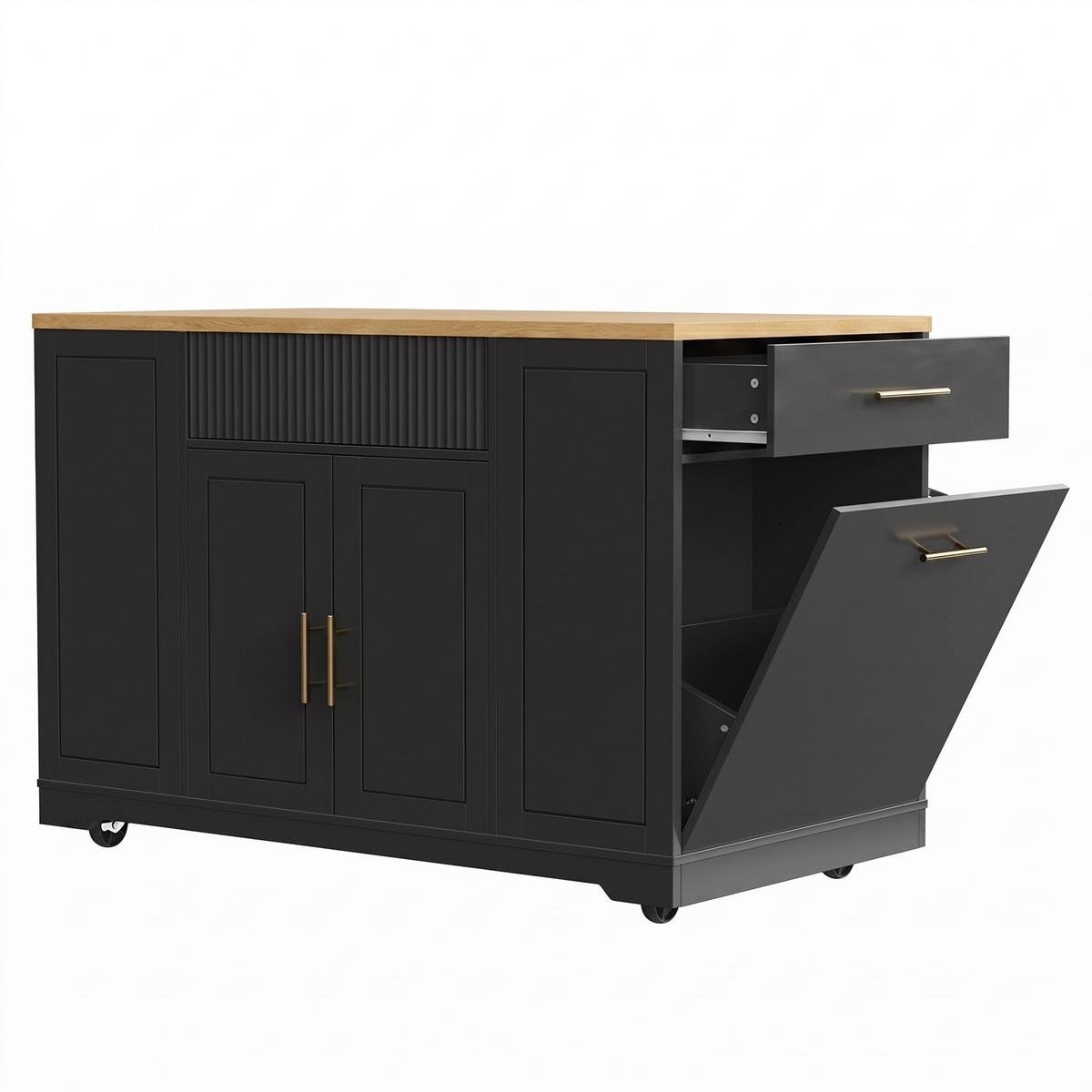 KÜCHENINSEL Schwarz mit Rollen & Mülleimerfach 3 Schubladen - Schwarz, Holzwerkstoff (120/92/50cm) - Urban Meuble
