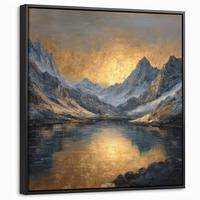 LEINWAND Bilder mit Rahmen - Bergkulisse mit goldenem Sonnenuntergang - 50x50 - Goldfarben, Textil (50/50cm) - MuchoWow