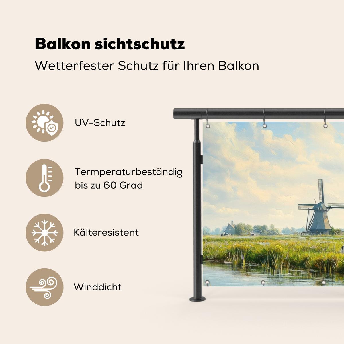 BALKON-SICHTSCHUTZ Kühe - Windmühle - Wiese - Blau Windschutz 300x100 cm - Grün, Kunststoff (300/100cm) - MuchoWow