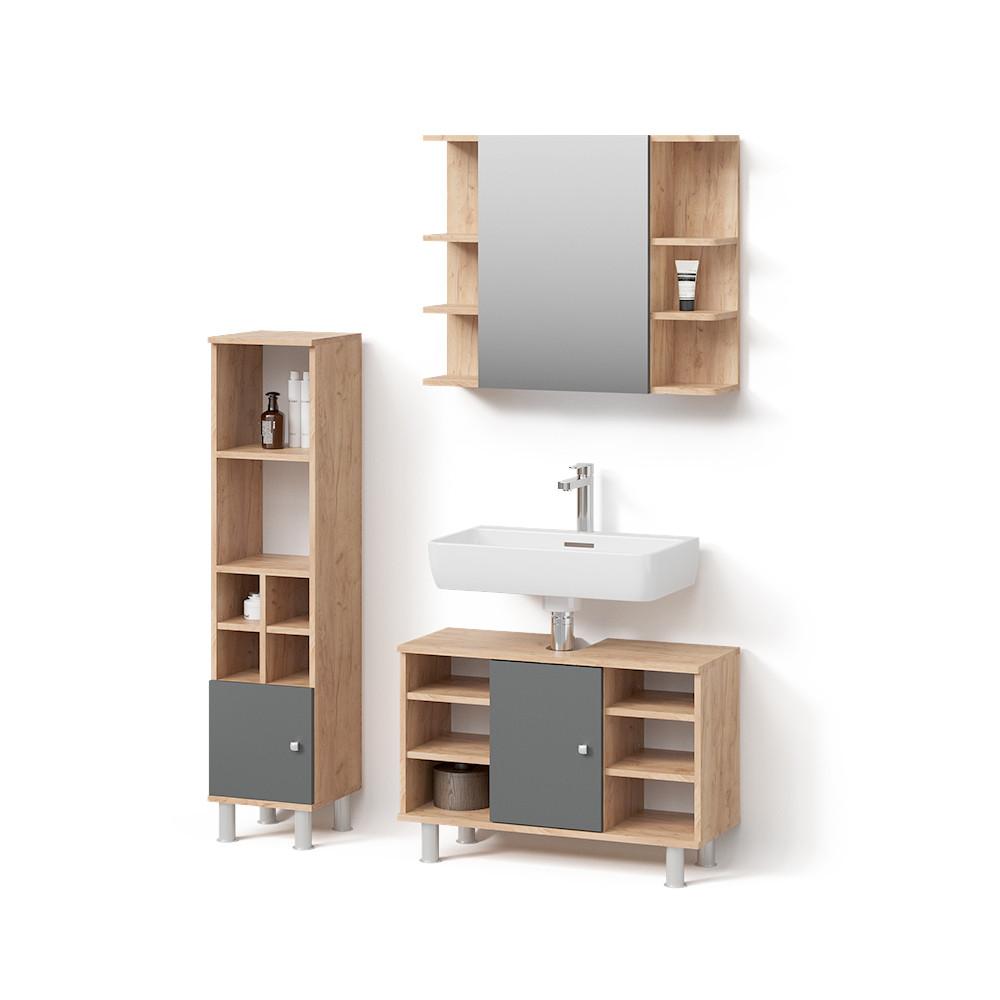 BADMÖBEL-SET Fucino Goldkraft Eiche 3 Teile, mit Midischrank Tür klein - Honigeiche, Holzwerkstoff (80/130/32cm) - Livinity®