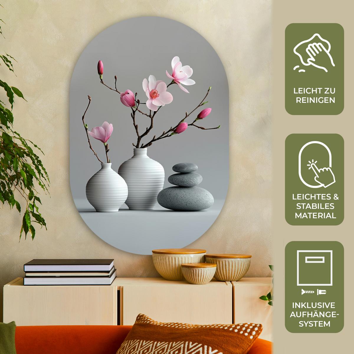WANDBILD Magnolie - Blumen - Rosa - Zen-Steine Deko Groß 80x120 cm - Hellgrau, Kunststoff (80/120cm) - MuchoWow