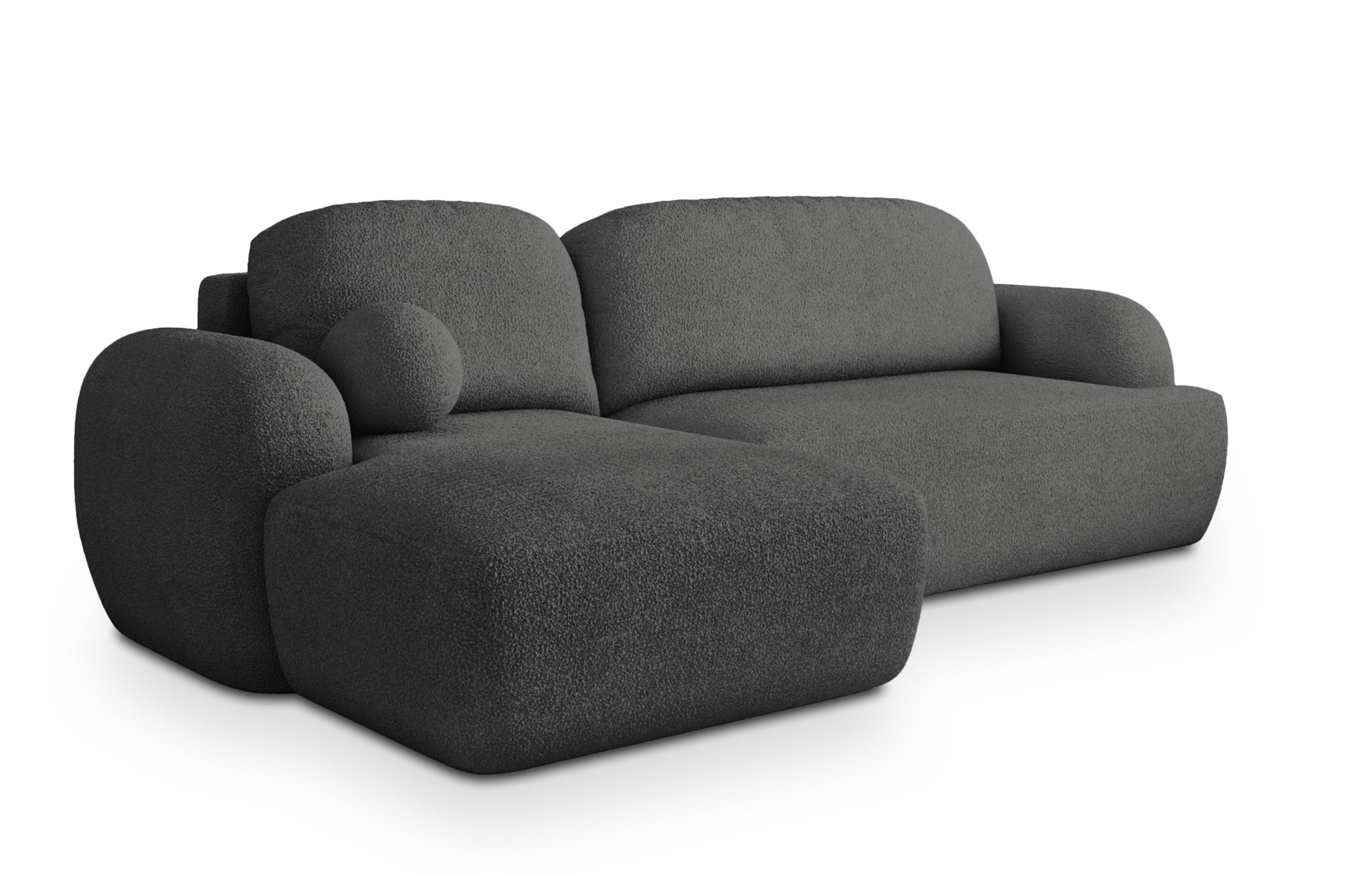 ECKSOFA MODENZA N L-S Grau Boucle-Stoff mit Schlaffunktion - Schwarz/Grau, Holz/Kunststoff (266/148cm) - MASSENO