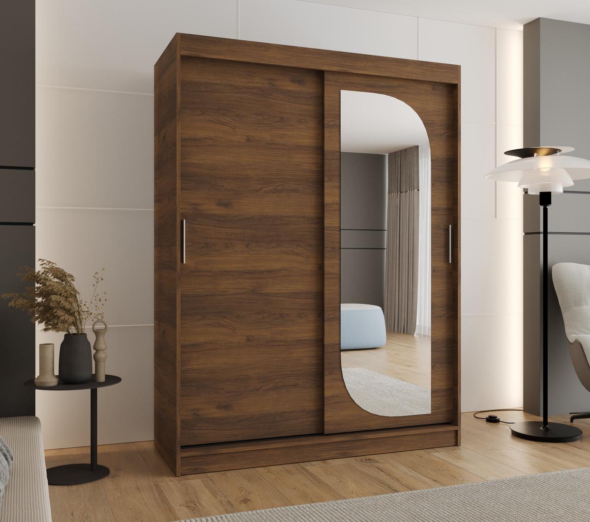 SCHIEBETÜRENSCHRANK mit Spiegel LUCY 200/150/62 2-türig - Silberfarben/Walnussfarben, Holz (150/62/150cm) - MÖBEL KRYSPOL