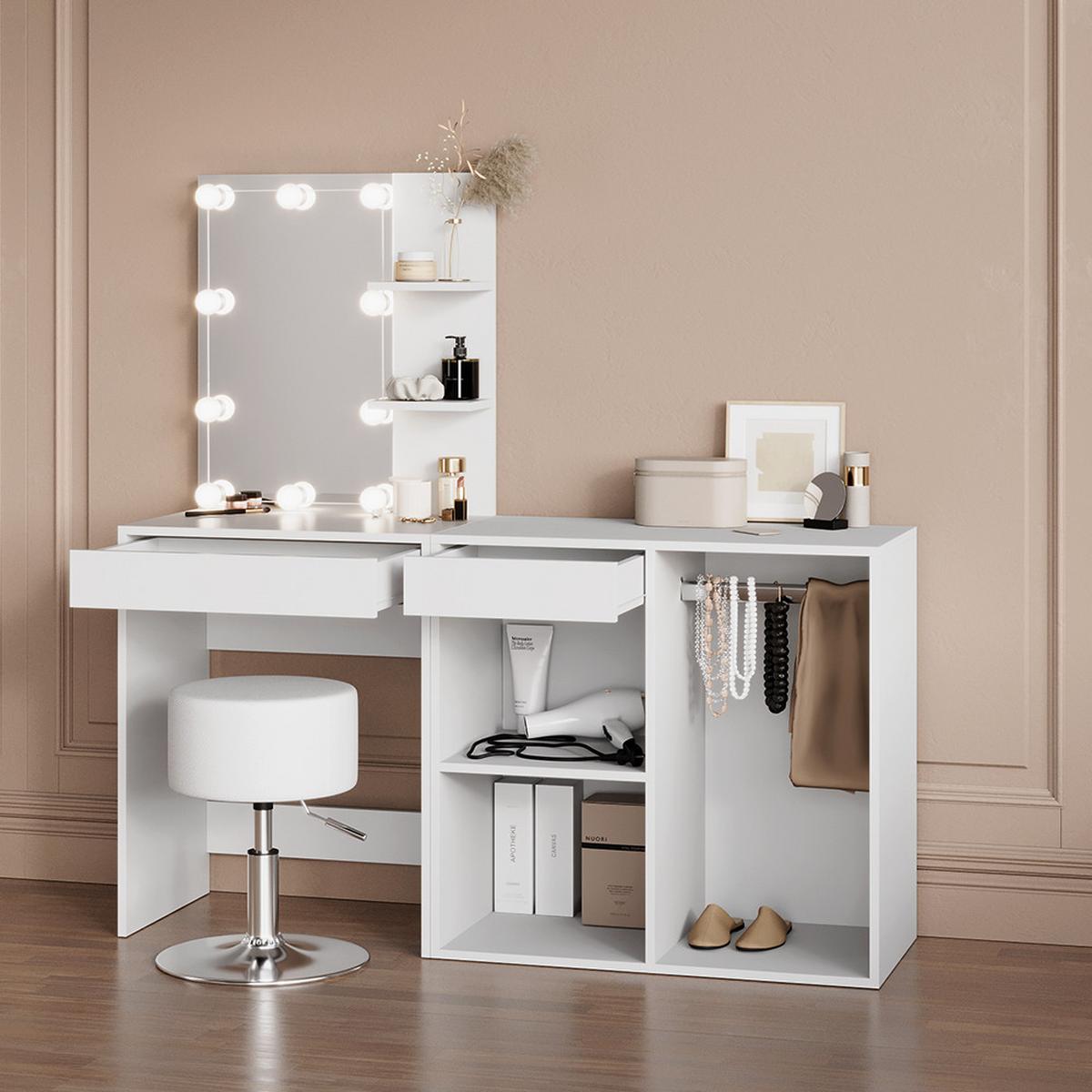 SCHMINKTISCH Nola Weiß mit LED, Hocker und Schrank - Weiß, Holzwerkstoff (140/140/40cm) - Livinity®