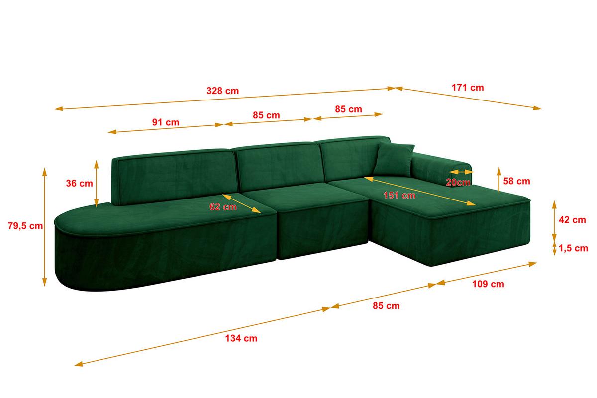 ECKSOFA Ottomane Rechts IREA-L2-v3 - 328x171x79 cm Grün - Grün, Holzwerkstoff/Textil (171/328cm) - ALTDECOR