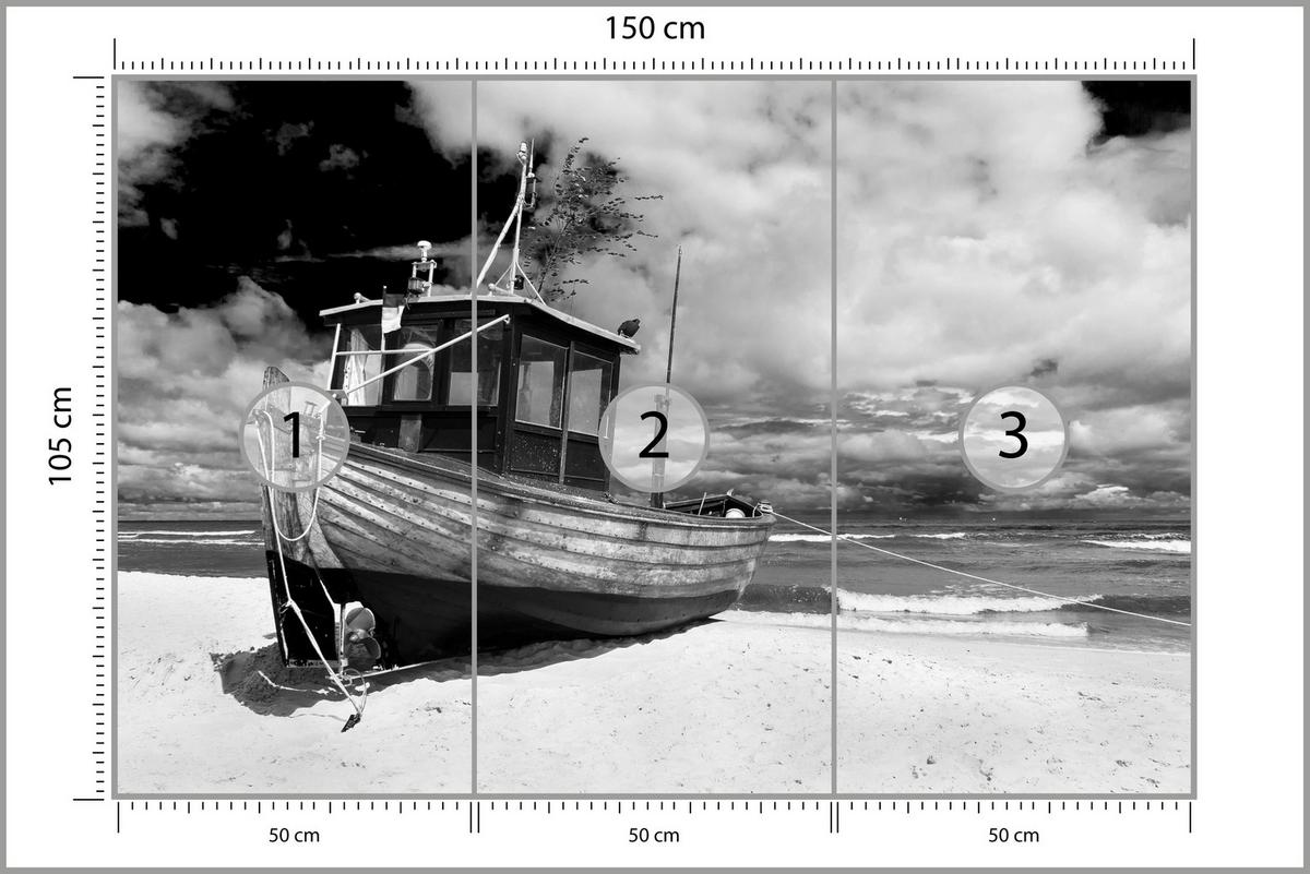 FOTOTAPETE für Wohnzimmer Schwarz-Weiß Boot Strand Meer 150x105 - Schwarz/Weiß, Papier (150/105cm) - Muralo