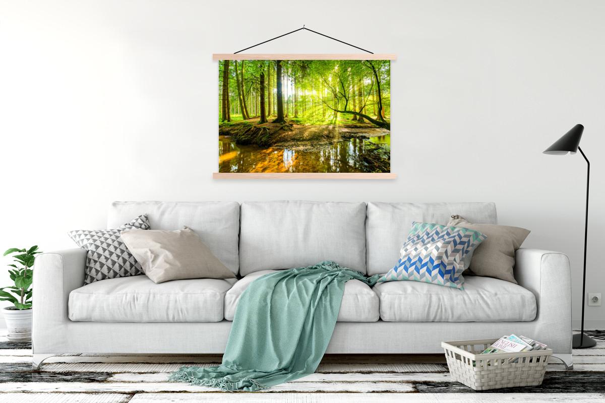 POSTER MIT MAGNETLEISTEN Wald - Landschaft - Wasser - Bäume - Sonne - Grün - Natur Magnetleiste 120x80 cm - Grün, Textil (120/80/0.15cm) - MuchoWow