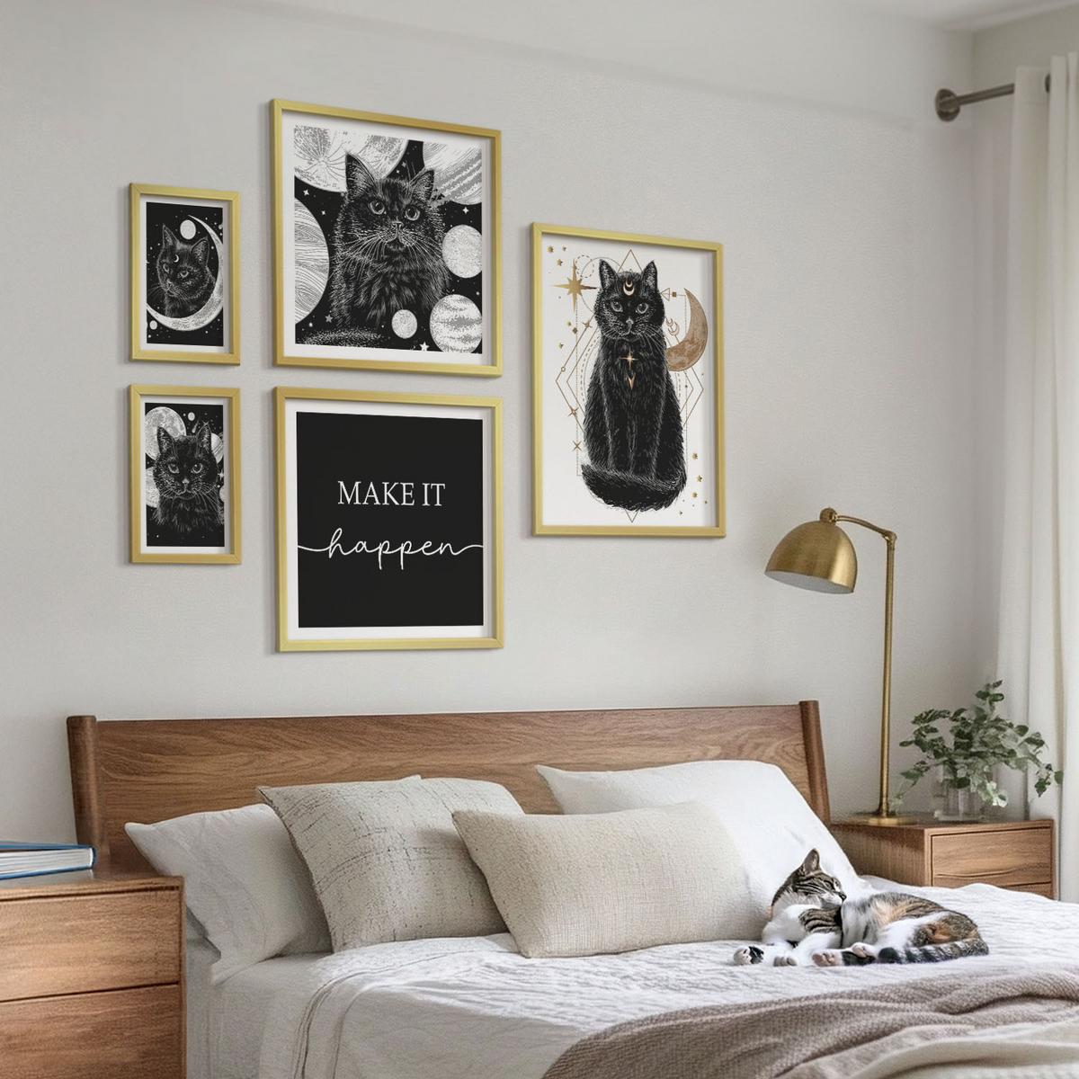 BILDER SET 5er Set - 50x50 cm & 20x30 cm & 40x60 cm Goldrahmen - Schwarze Katzen, Mond, Planet - Goldfarben, Kunststoff (40/60cm) - TULUP