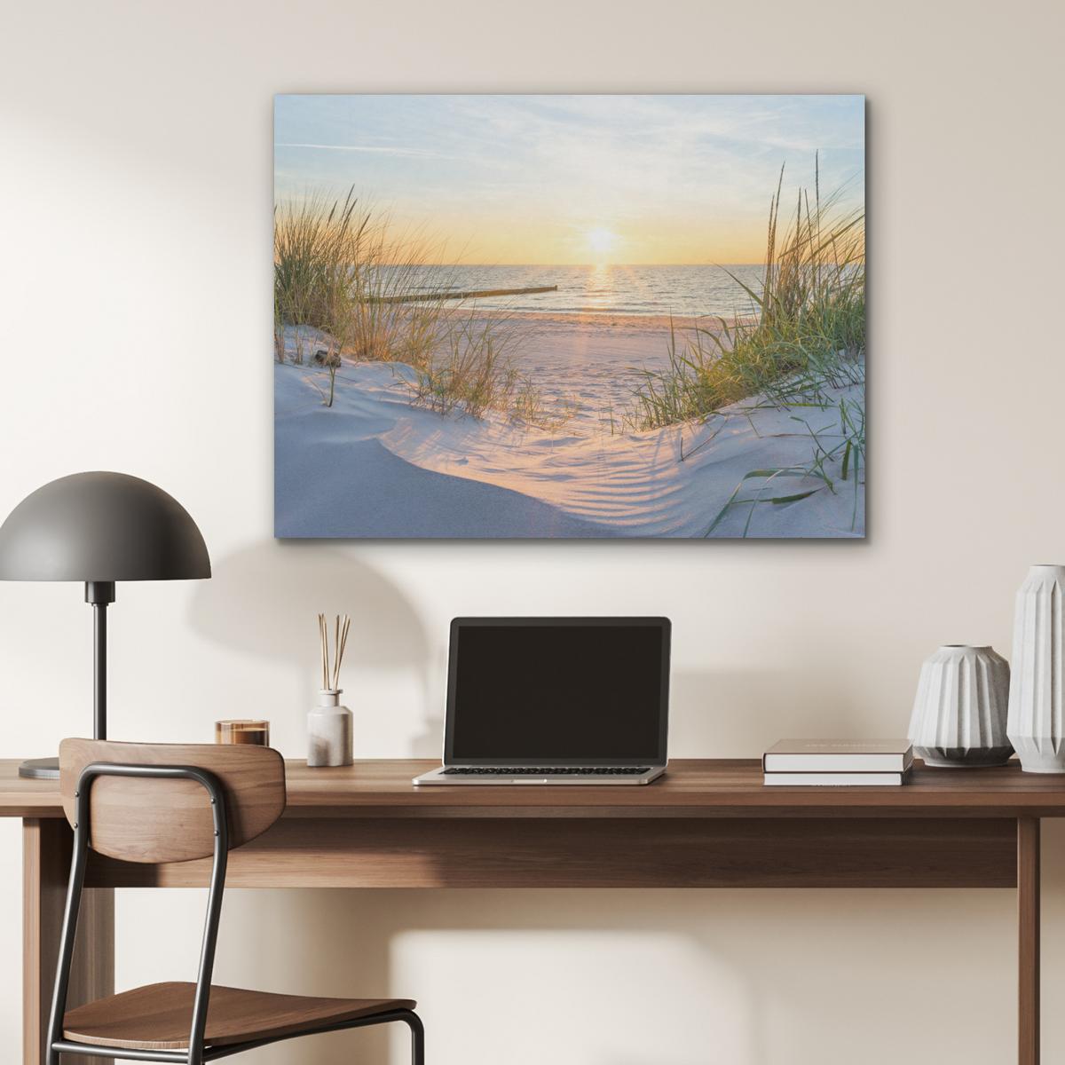 AKUSTIKBILD Strand - Sonne - Düne - Gras - Sand - Horizont Gemälde 80x60 cm - Hellblau, Kunststoff (80/60/0.9cm) - MuchoWow
