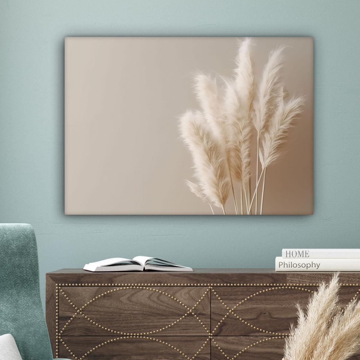 LEINWANDBILD Pampasgras - Federn - Pastell - Weiß Wandbilder 80x60 cm - Naturfarben, Textil (80/60cm) - MuchoWow