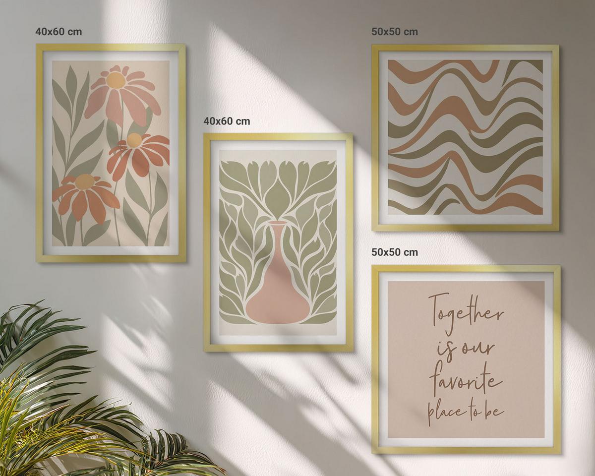 BILDER SET 4er Set - 50x50 cm & 40x60 cm Goldrahmen - Abstrakte Pastellblumen - Goldfarben, Kunststoff (50/50cm) - TULUP