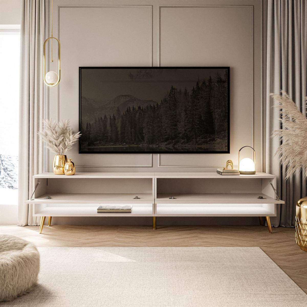 LOWBOARD TV-Schrank CALANTE 180 cm auf schrägen goldenen Chrom-Beinen - Kaschmir/Goldfarben, Holzwerkstoff/Metall (180/43/35cm) - Lookway
