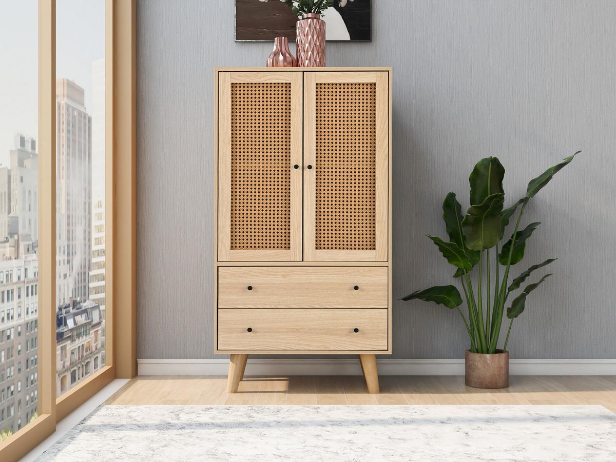 HIGHBOARD mit Rattantüren und 2 Schubladen in Eicheoptik - Eichefarben, Holzwerkstoff (60/120/40cm) - Urban Meuble
