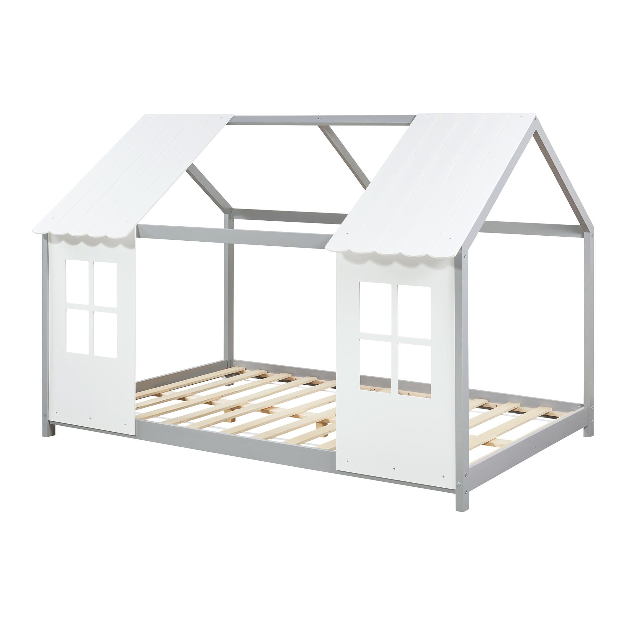 HAUSBETT Tostedt - Weiß/Grau, Holz/Holzwerkstoff (140/200cm) - [en.casa]