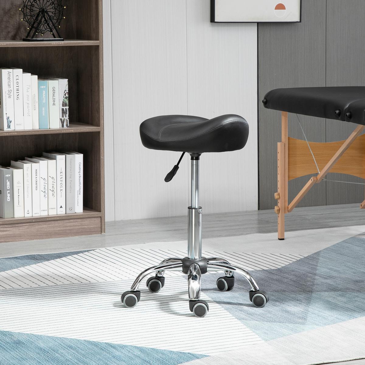 ROLLHOCKER Höhenverstellbarer Arbeitshocker mit Rädern für Massage Schwarz - Schwarz, Leder (48/71/48cm) - HOMCOM