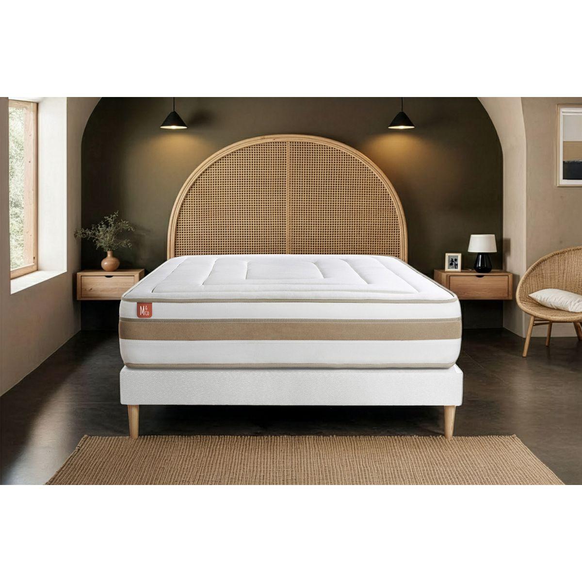 BETT Le Raffiné Taschenfederkern und Memory-Schaum 160 x 200 cm h1 - Kit Bettgestell Weiß - Beige/Weiß, Karton/Holz (160/200cm) - Marmottes & Co