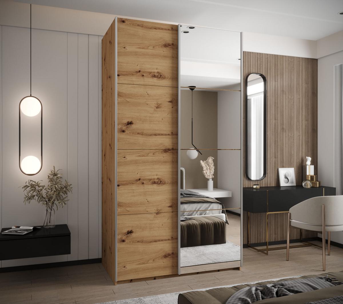 SCHWEBETÜRENSCHRANK 245,5/130/64 2-türig - Silberfarben/Eiche Artisan, Holz/Metall (130/245/64cm) - Abiks Möbel