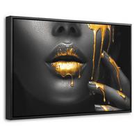 LEINWAND Bilder mit Rahmen - Frau - Schwarz - Gold - Gesicht - Lippen - 30x20 - Goldfarben, Textil (30/20cm) - MuchoWow