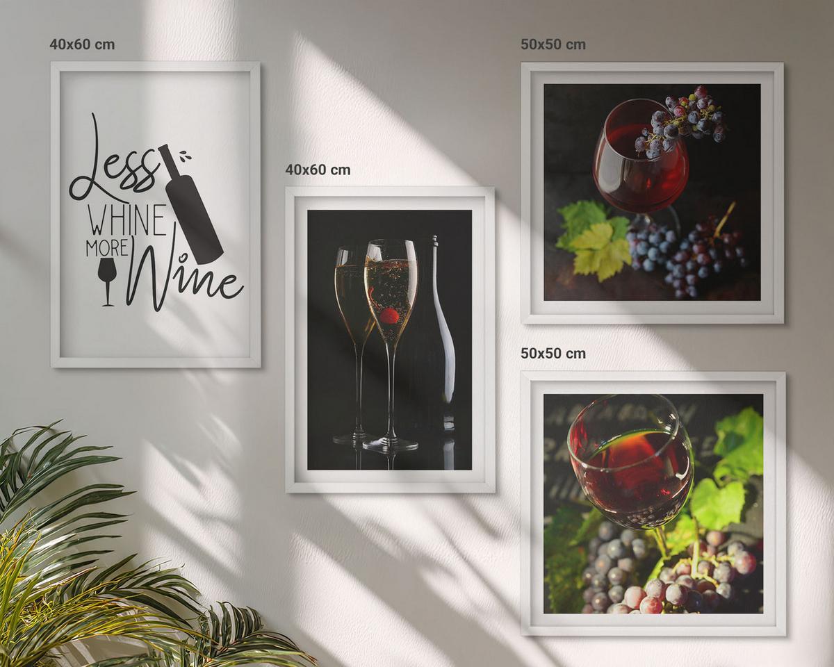 BILDER SET 4er Set - 50x50 cm & 40x60 cm Weißer Rahmen - Weingläser mit Trauben und Inschrift - Weiß, Kunststoff (50/50cm) - TULUP