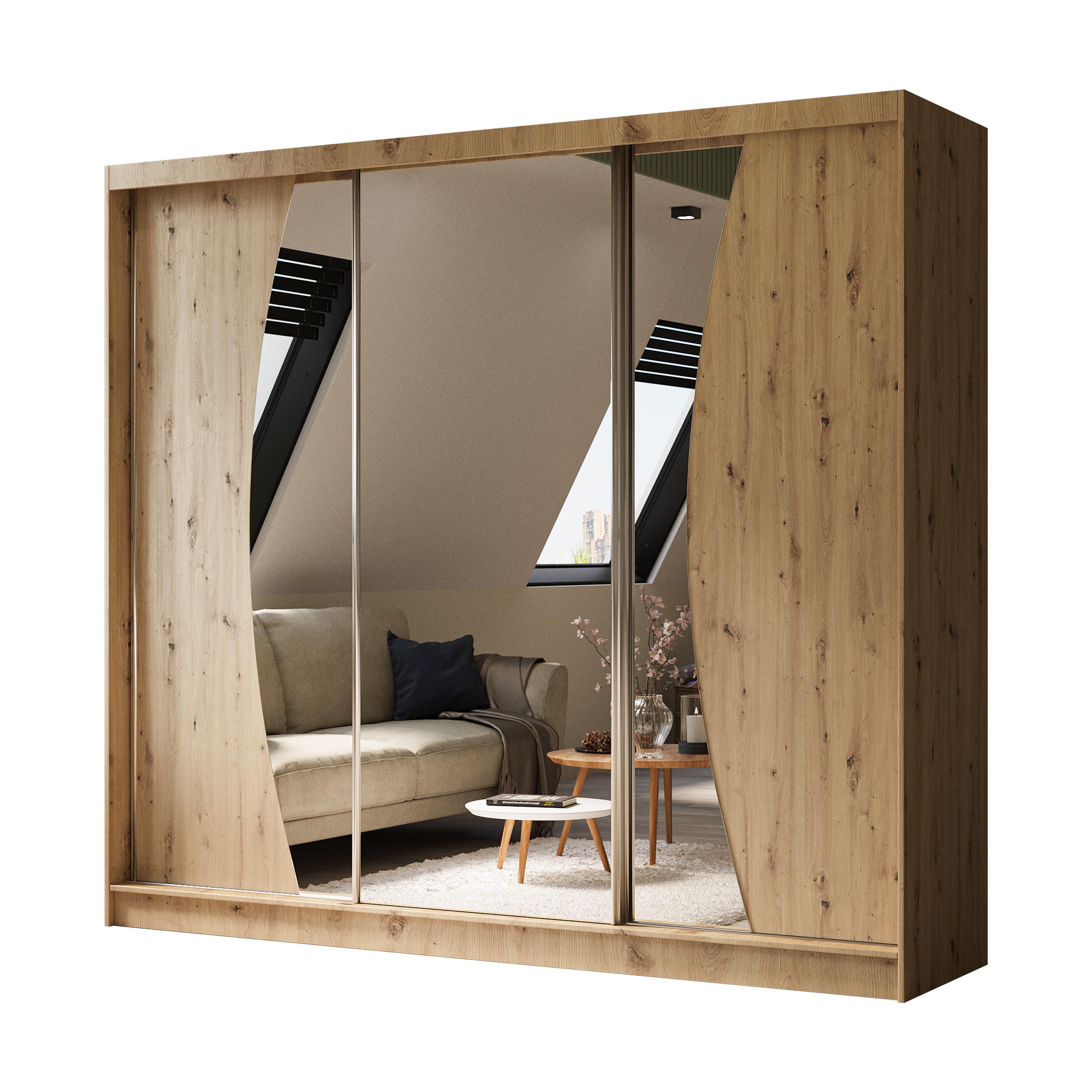 KLEIDERSCHRANK mit Spiegel-Schiebetüren und Aluminium-Leisten - VOXI - 240 cm Eiche Artisan - Eiche Artisan, Holzwerkstoff (240/216/61cm) - ALTDECOR