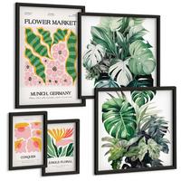BILDER SET 5er Set - 50x50 cm & 20x30 cm & 40x60 cm Schwarzer Rahmen - Blumen und Blätter – moderne Poster - Schwarz, Kunststoff (40/60cm) - TULUP