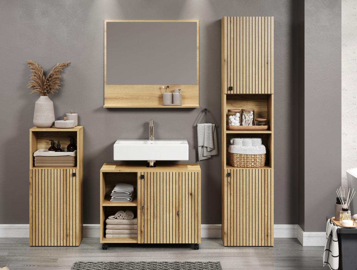 BADMÖBEL-SET Evoke Eiche 4-teilig 180 x 190 cm, Badkombination mit viel Stauraum - Eichefarben/Schwarz, Glas/Holzwerkstoff (40/190/180cm) - Top.Furn
