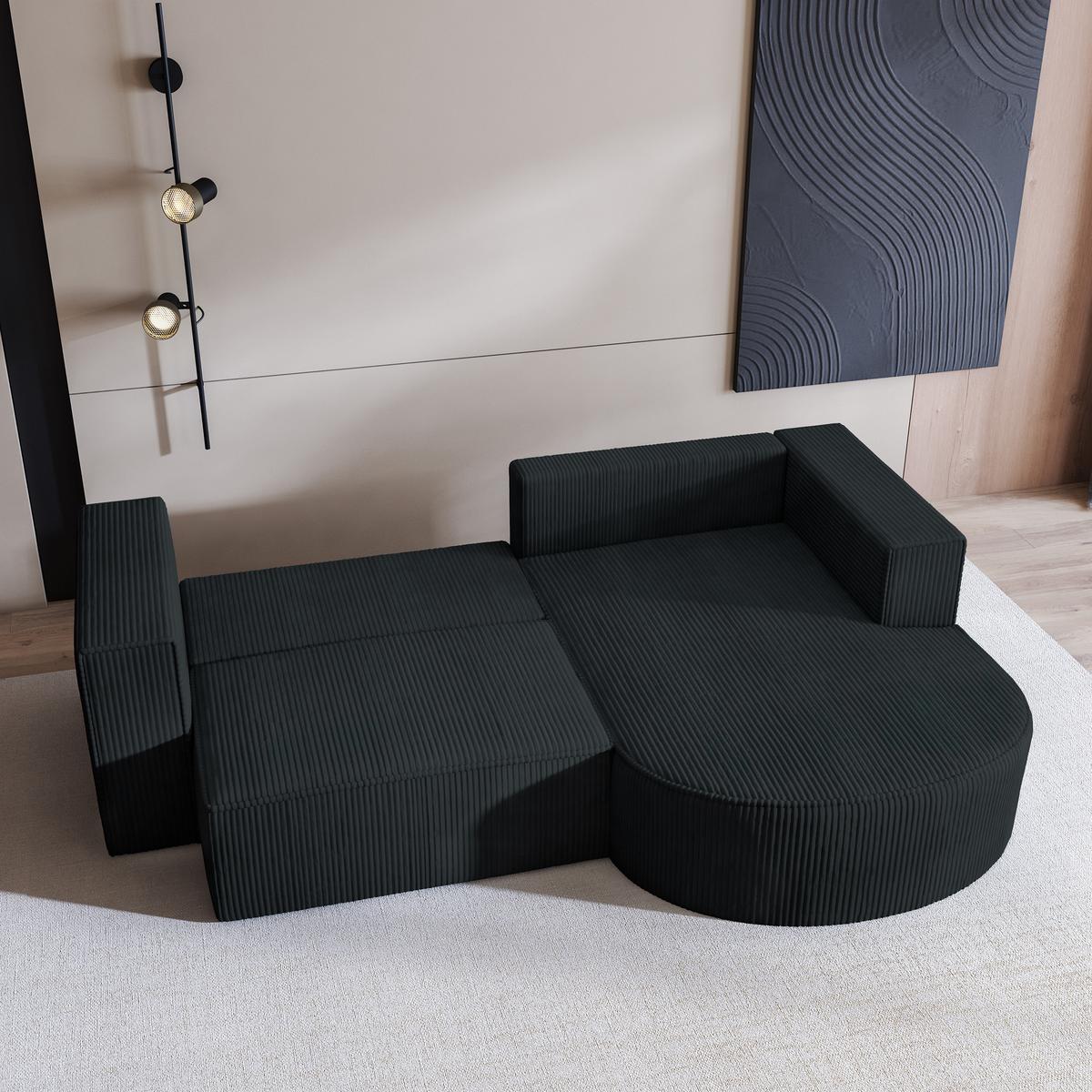 ECKSOFA SORELA P R-S Schwarz Kordstoff mit Schlaffunktion - Schwarz, Holz (263/174cm) - MASSENO